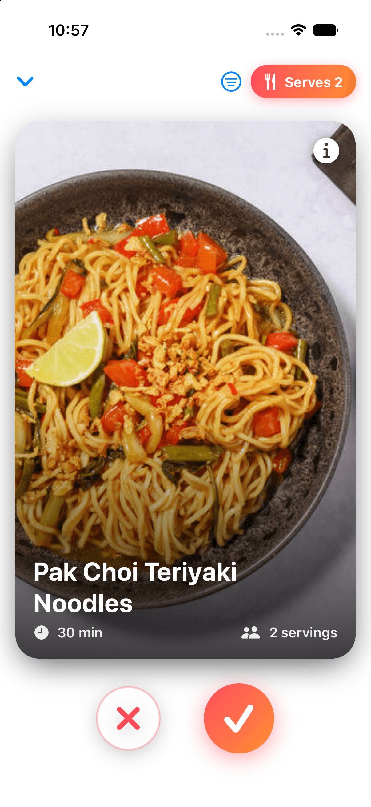 The SpoonFed swipe deck showing a meal card for Pak Choi Teriyaki Noodles with reject and accept buttons