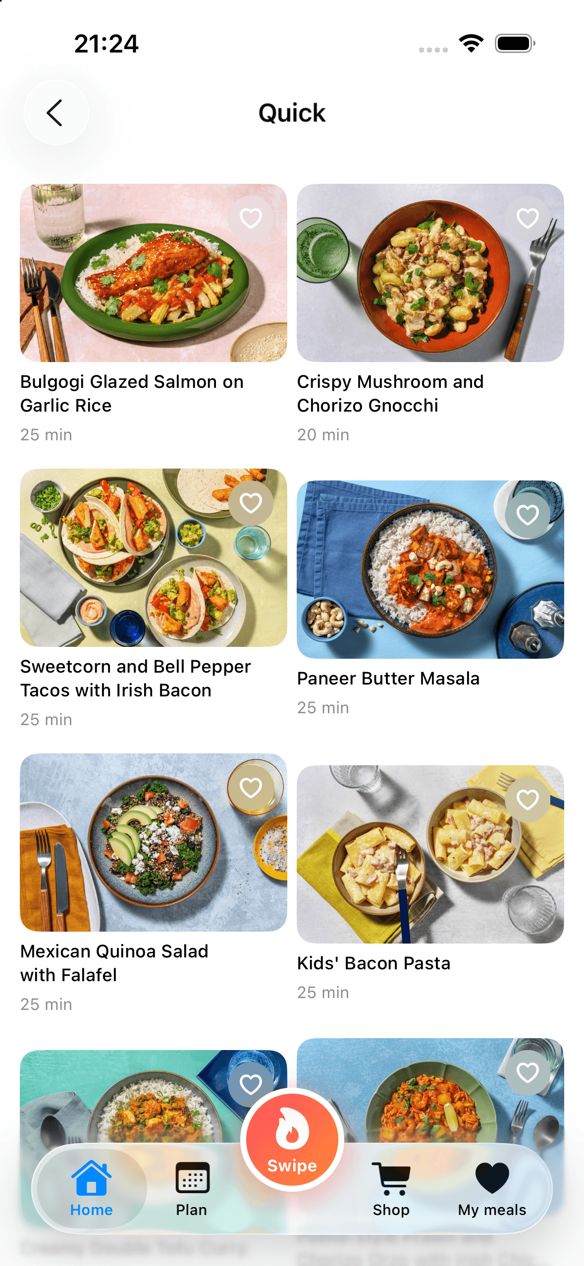 Browsing the Quick category in SpoonFed, a grid of meals each with a photo, cooking time and a like button