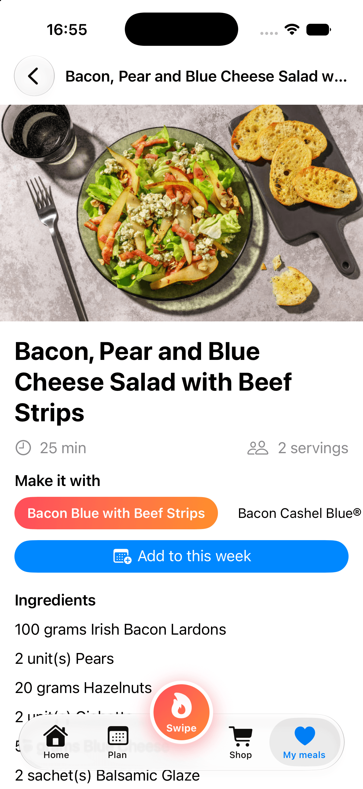 A SpoonFed recipe page with a Make it with picker offering two protein versions of the same dish