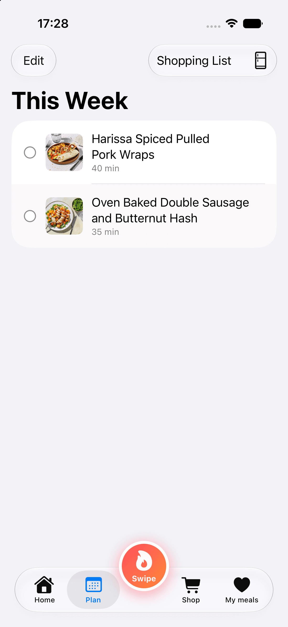 The This Week screen in SpoonFed showing two planned meals and a link to the shopping list
