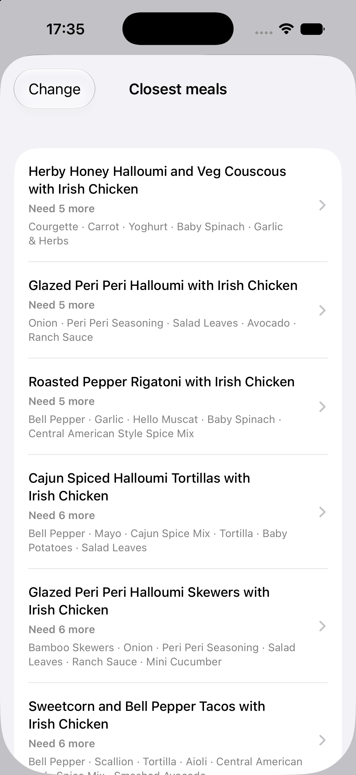 SpoonFed listing the closest meals to what is in your kitchen, each showing how many more ingredients are needed and which ones
